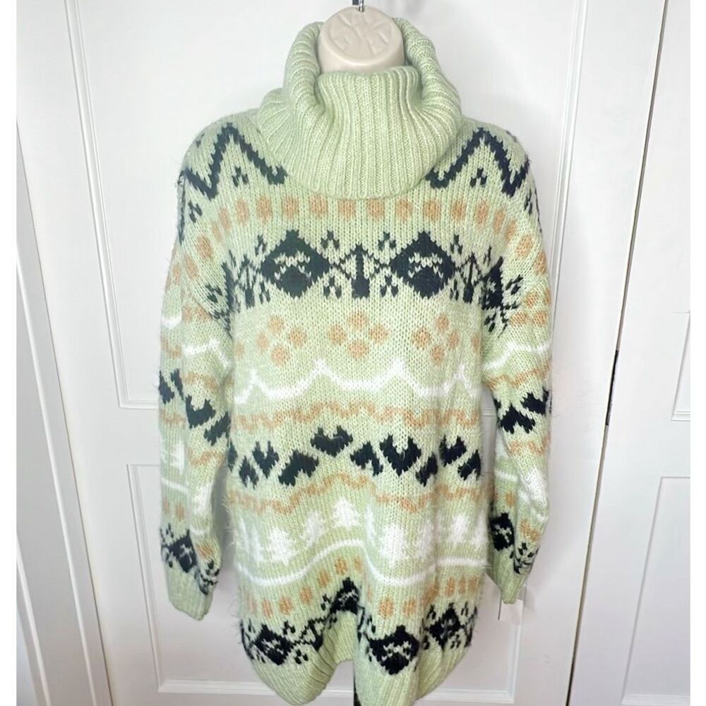 Anthropologie Turtleneck Sweater Mint Green Fair Isle Size Small